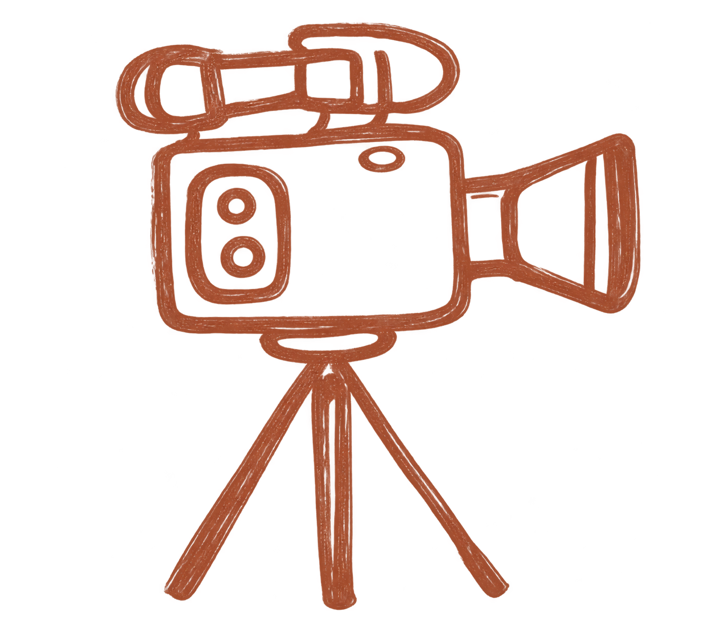 Icono naranja dibujado a mano de una cámara de vídeo que representa el ámbito audiovisual, el cine y la producción cinematográfica.