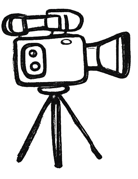 Icono dibujado a mano de una cámara de vídeo que representa el ámbito audiovisual, el cine y la producción cinematográfica.