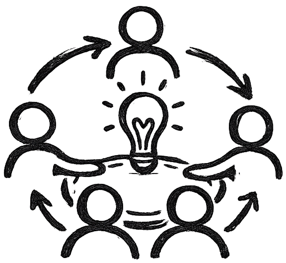 Icono dibujado a mano de un grupo de personas colaborando alrededor de una idea, representando la creación colectiva y el trabajo en equipo.