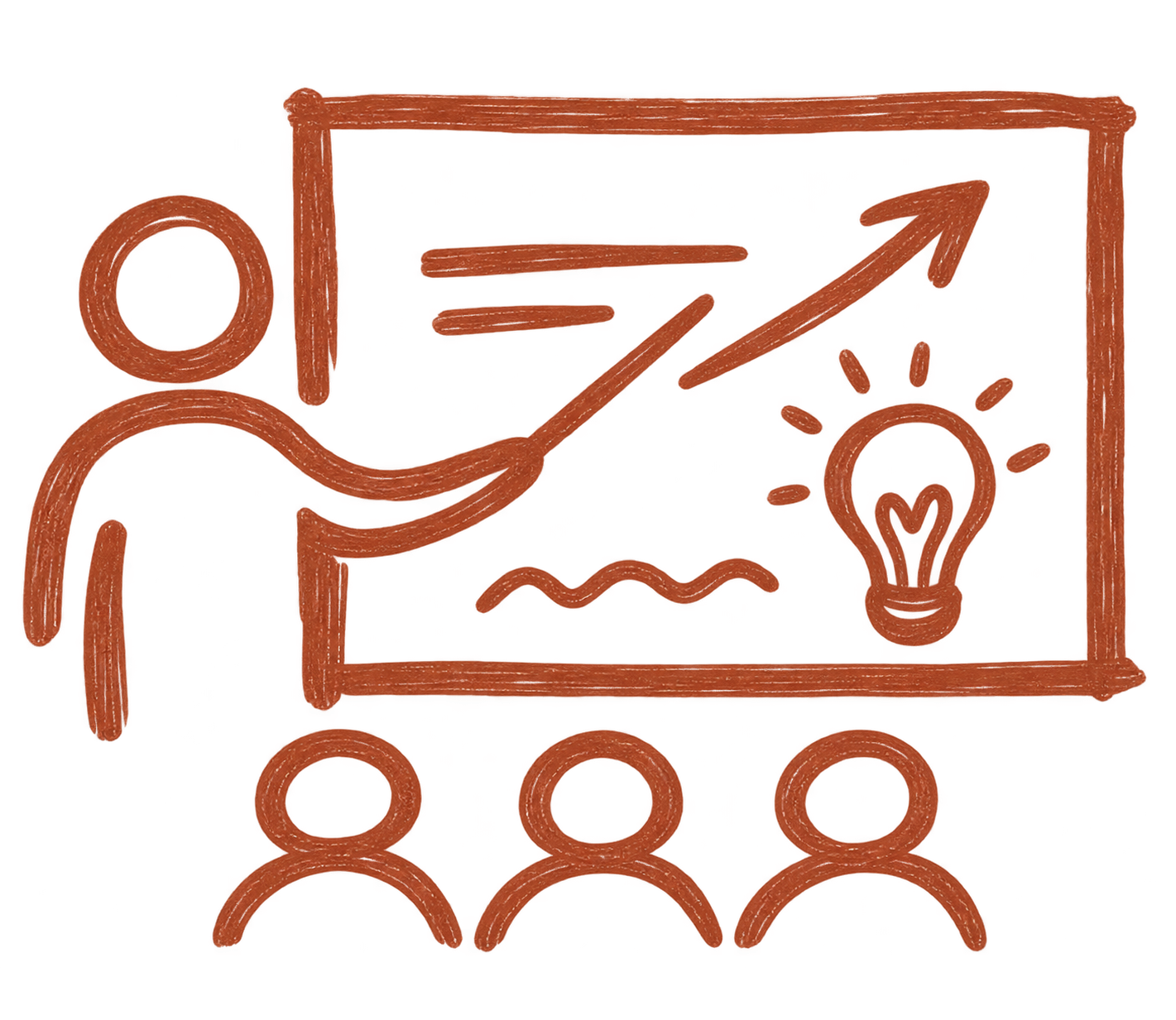 Icono naranja dibujado a mano de una persona impartiendo formación a un grupo, representando la enseñanza, los talleres y la formación artística.