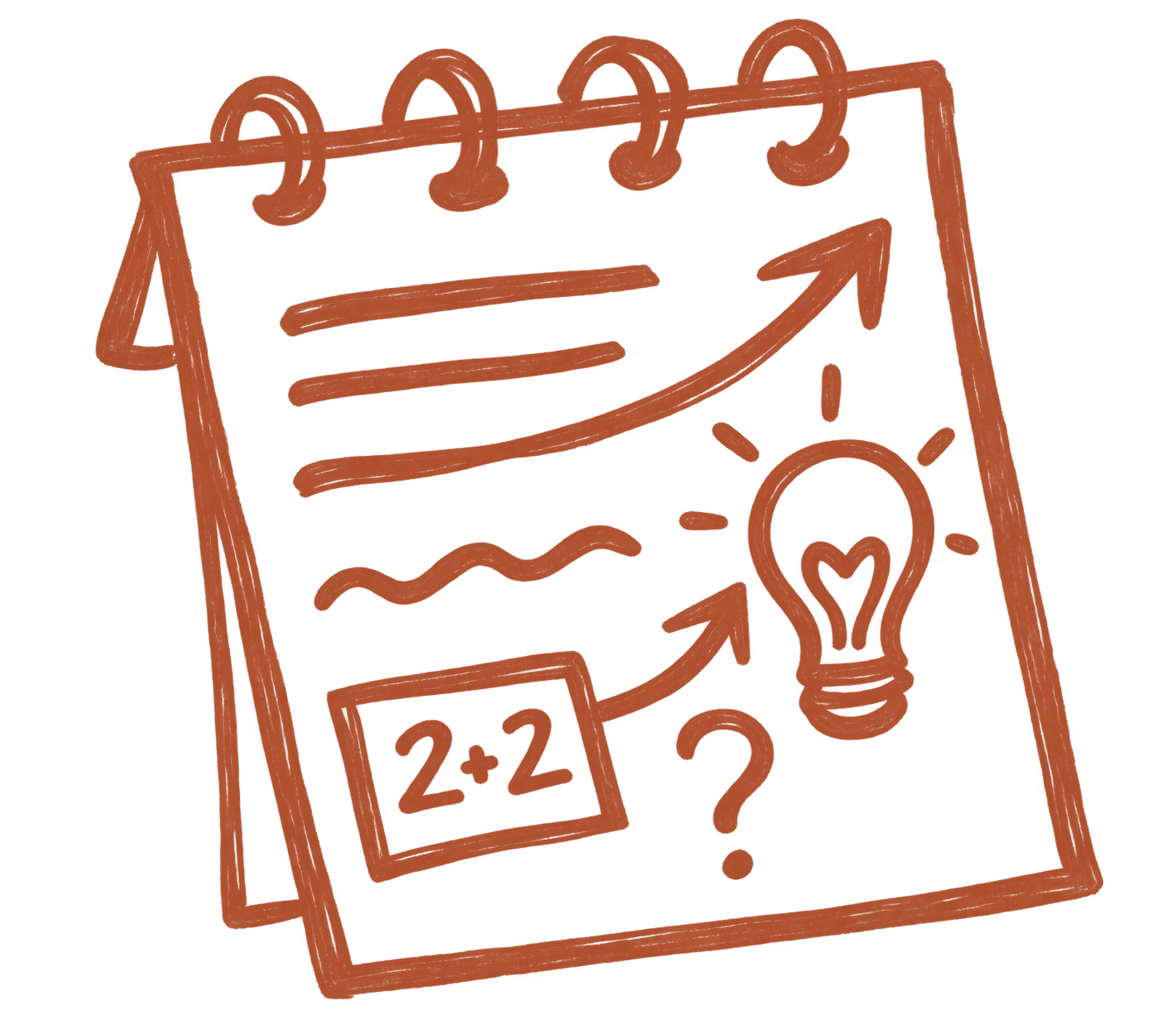 Icono naranja dibujado a mano de un cuaderno de investigación con anotaciones y una bombilla, representando la investigación artística y los procesos creativos.