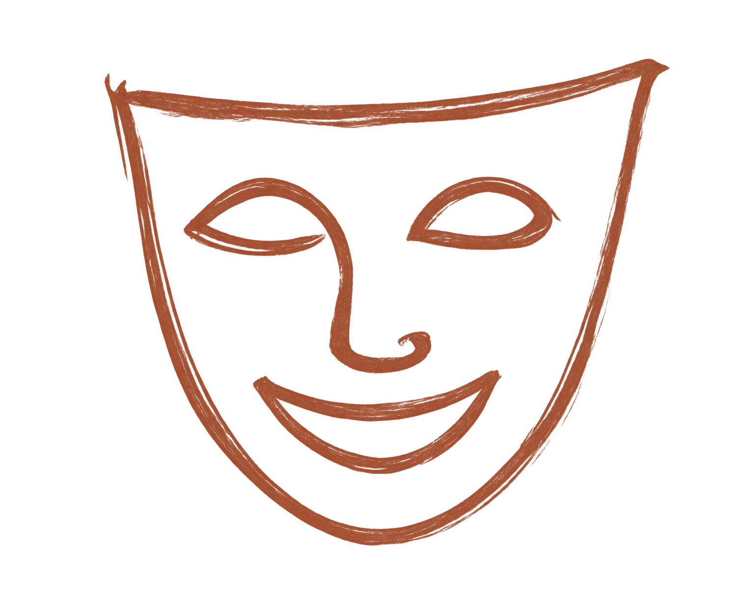 Icono naranja dibujado a mano que representa una máscara de teatro, símbolo de las artes escénicas.