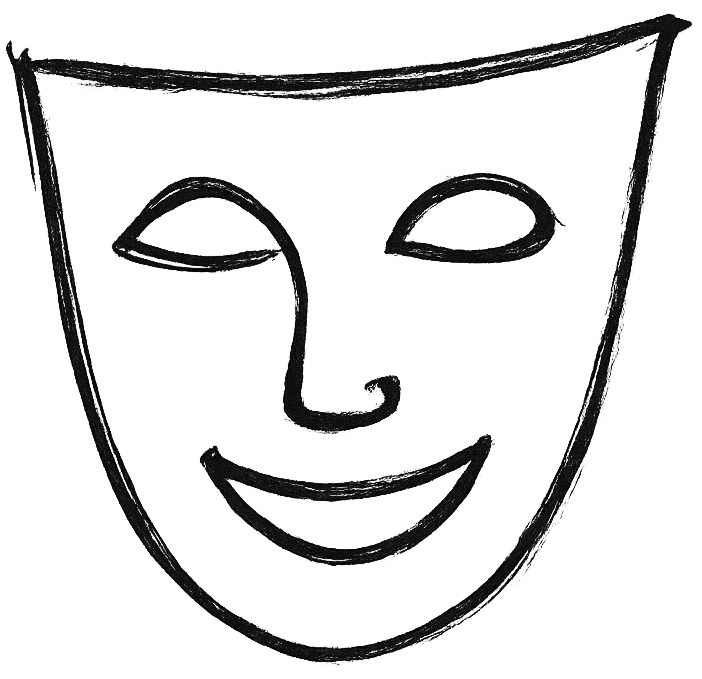 Icono dibujado a mano que representa una máscara de teatro, símbolo de las artes escénicas.